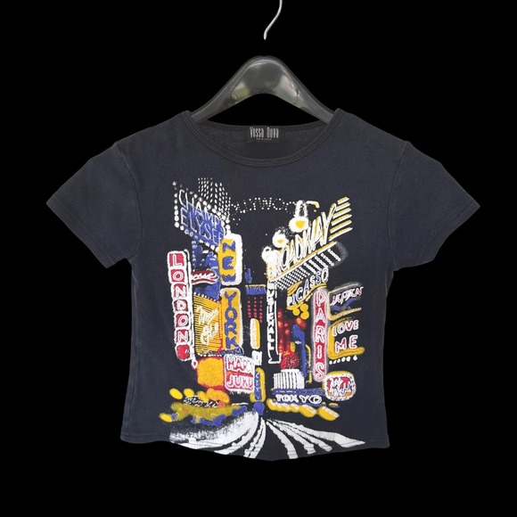 Vossa Nova Tops - 70's Vossa Nova New York City Lights Puff Print Rhinestone Baby Tee Black Small